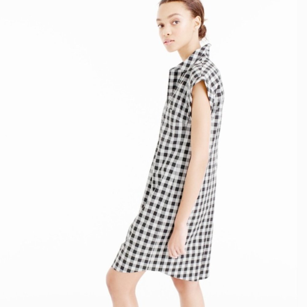 J. Crew Black White Gingham Plaid Short Sleeve Cotton Shirt Dress XS f3189
